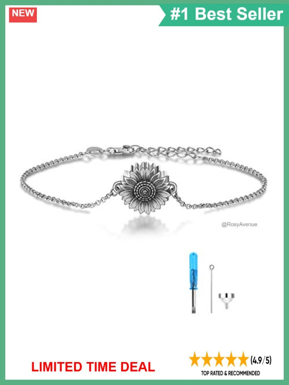 Sterling Silver Sunflower Urn Bracelet for Ashes Cremation Keepsake Memorial